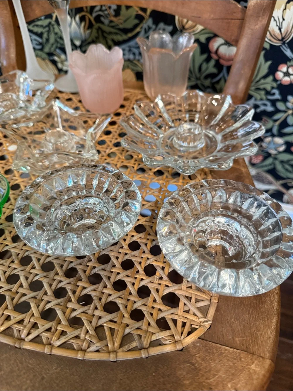 Vignette of 11 Vintage Candle Holders, Fostoria, Party Lite, KIG, Hazel Atlas